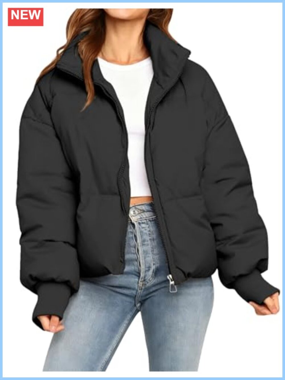 Women's Cropped Puffer Jacket Zip Up Quilted Padded Coat with Pockets